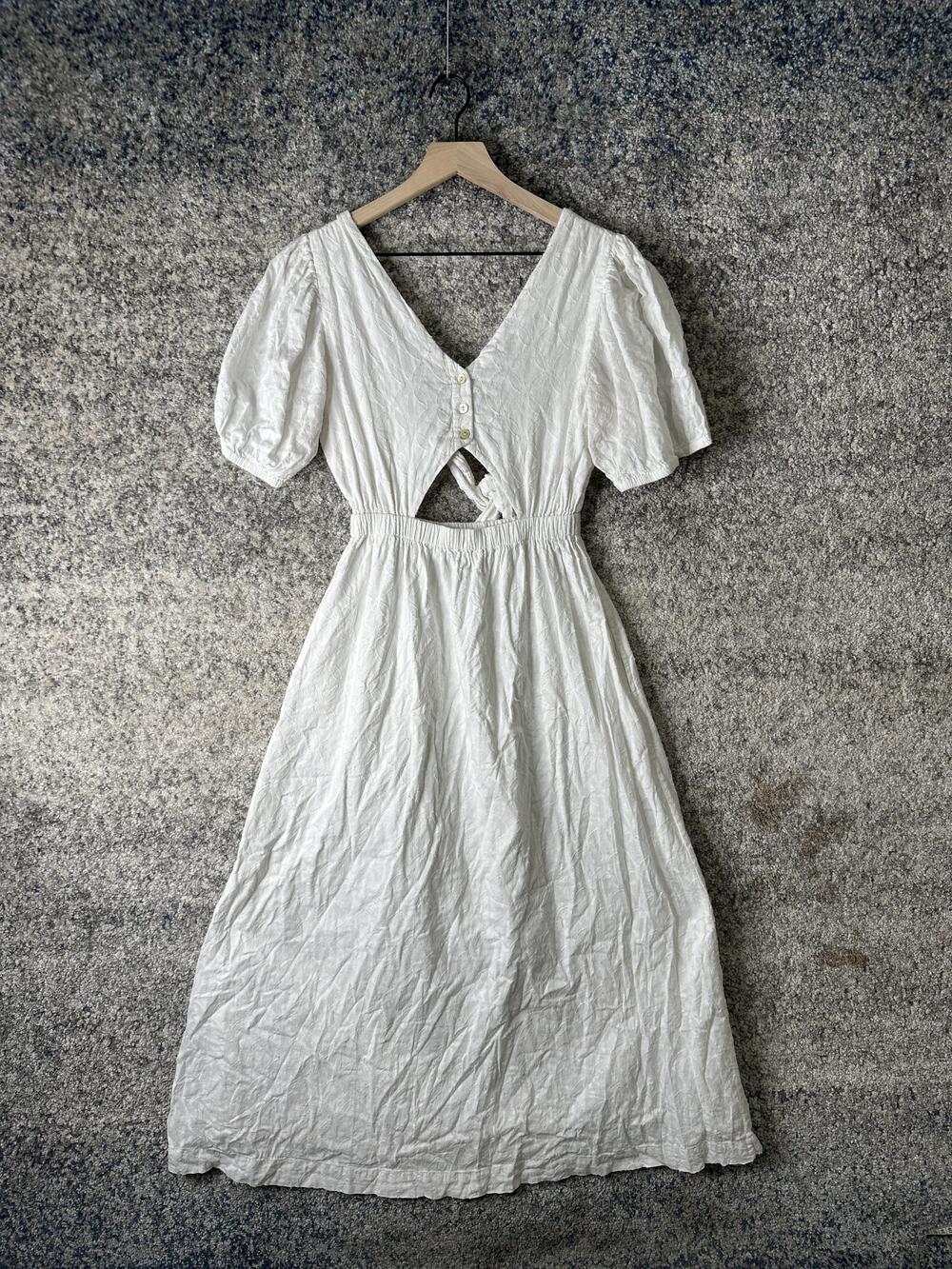 Cleobella Dress Womens Small White Puff Sleeve Back Cutout Boho Open Back